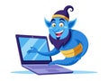 Cartoon genie character using a laptop computer smiling Royalty Free Stock Photo