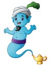 Cartoon genie coming out of a gold magic lamp