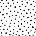 Cartoon geometric seamless pattern. Uneven triangles, squares, circles drawn by hand.