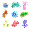 Cartoon germ, bacteria, viruses and microbe set. Funny characters collection. Cute monster icons in vector style.