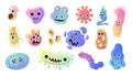 Cartoon germ character. Funny bacteria. Ameba cell. Virus and microbe with cute faces. Isolated colorful unicellular