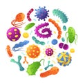 Cartoon germs in circle. Bacteria, cancer cells, viruses, germs, microorganisms. Various disease causing microbe and Royalty Free Stock Photo