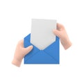 Cartoon Gesture Icon Mockup.hand pulls from envelope a sheet of empty paper. mail concept. 3d illustration in flat style Royalty Free Stock Photo