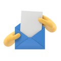 Cartoon Gesture Icon Mockup.hand pulls from envelope a sheet of empty paper. mail concept. 3d illustration in flat style Royalty Free Stock Photo