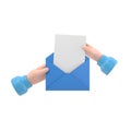 Cartoon Gesture Icon Mockup.hand pulls from envelope a sheet of empty paper. mail concept. 3d illustration in flat style Royalty Free Stock Photo