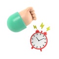 Cartoon Gesture Icon Mockup.Hand turning off the ringing alarm clock,3D rendering on white background