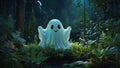 Cartoon ghost with big expressive eyes floats joyously in a lush environment