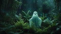 Cartoon ghost with big expressive eyes floats joyously in a lush environment