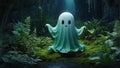 Cartoon ghost with big expressive eyes floats joyously in a lush environment