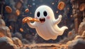 Cartoon Ghost Enjoying Slice of Pizza Surrounded by Falling Food Royalty Free Stock Photo