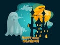 Cartoon ghost and full moon night background. Concept cartoon Halloween day elements. Vector clipart illustration for holiday