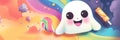 A cartoon ghost with a lollipop and a candy. Generative AI image.