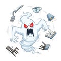 Cartoon Ghost with Red Eyes in Whirling Chaos of Kitchen Utensils Royalty Free Stock Photo