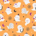 Cartoon ghost seamless pattern. Ghostly party texture, creepy horror funny ghosts and spider web. Cartoon halloween