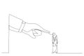 Cartoon of giant hand angry points a finger at arab woman employee. Metaphor for job reduction or dismissal. One line art style