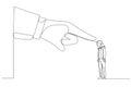 Cartoon of giant hand angry points a finger at businesswoman employee. Metaphor for job reduction or dismissal. One line art style