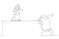 Cartoon of giant hand draws a road for the arab woman to walk. One line art style