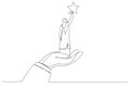 Cartoon of giant hand helping a muslim businesswoman to reach out for the stars. One line art style