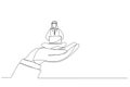 Cartoon of giant hand holding a arab man who works on laptop, metaphor for employee care, corporate support. Continuous line art