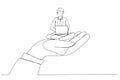 Cartoon of giant hand holding a businessman who works on laptop, metaphor for employee care, corporate support. Continuous line