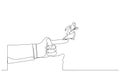 Cartoon of giant hand pointing to the wrong way to arab businesswoman. One line style art