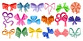 Cartoon gift bows. Decorative ribbons. Holiday box tying. Cute bowknots. Birthday party presents packaging. Holiday