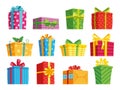 Cartoon gift box. Christmas presents, gifting boxes and present winter holidays gifts. Secret boxing with surprises vector set Royalty Free Stock Photo