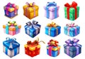 Cartoon gift boxes with ribbons, collection of present boxes of different shapes and colors isolated on white background, dDigital Royalty Free Stock Photo