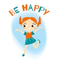 Cartoon Ginger girl jumping. be happy slogan