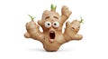 A cartoon ginger root with a surprised expression and sprouts on a white background isolated video 4k Royalty Free Stock Photo