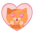 Cartoon ginger tabby cat with hearts in eyes. Cat in love in a heart shaped frame Royalty Free Stock Photo