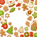 Cartoon gingerbread cookies for celebration design. Merry Christmas vector backgrounds. Delicious homemade pastries. Royalty Free Stock Photo