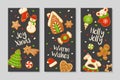 Cartoon gingerbread cookies for celebration design. Merry Christmas vector banners. Delicious homemade pastries. Royalty Free Stock Photo