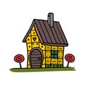 Cartoon gingerbread house from fairy tales. Home of russian baba Yaga. Isolated childish hand drawn vector drawing on white