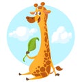 Cartoon giraffe character. Vector illustration pretty giraffe eating a leaf and smiling Royalty Free Stock Photo