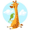 Cartoon giraffe character. Vector illustration pretty giraffe eating a leaf and smiling Royalty Free Stock Photo