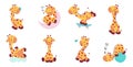 Cartoon giraffe characters. Cute giraffes in different poses. Young baby animal playing and sleeping. Safari zoo