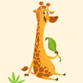 Cartoon giraffe mascot. Vector illustration of African giraffe eating a leaf Royalty Free Stock Photo