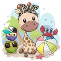 Cartoon Giraffe, owls and crab on the beach