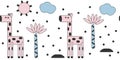 Cartoon giraffe seamless border . Palm trees, clouds, sun. Flat cute vector illustration of animals for kids Royalty Free Stock Photo