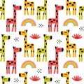 Cartoon giraffe seamless pattern . Rainbow and Doodle elements. Flat cute vector illustration of animals for kids Royalty Free Stock Photo