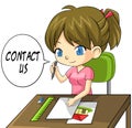 Cartoon girl artist writing a contact us paper boa