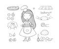 Cartoon girl bakes a cake on a white background. cute woman cooks in the kitchen. Small home bakery. Small home bakery.