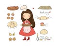 Cartoon girl bakes a cake on a white background. cute woman cooks in the kitchen. Small home bakery. Small home bakery.