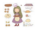 Cartoon girl bakes a cake on a white background. cute woman cooks in the kitchen. Small home bakery. Small home bakery.