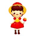 Cartoon girl in beautiful dress with caramel apple. Cute princess