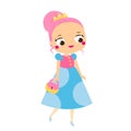 Cartoon girl in beautiful dress, crown and purse. Cute princess