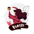 Cartoon girl with black burger and contour leaves on white background. Vector fast food banner