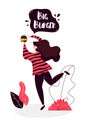Cartoon girl with black burger walks in nature. Vector banner