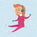 Cartoon Girl in Blue Headphones Sits on Icerink Royalty Free Stock Photo